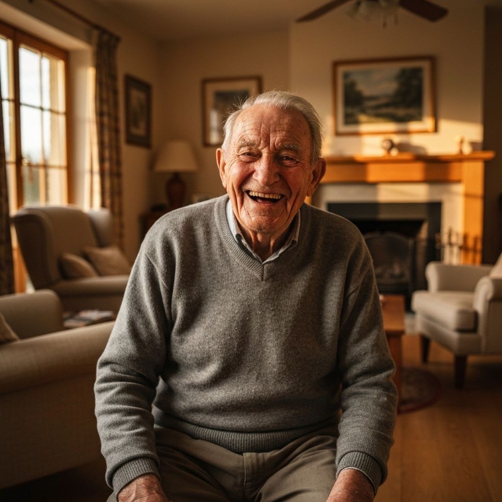 An elderly man smiling indoors, representing family memories worth preserving.