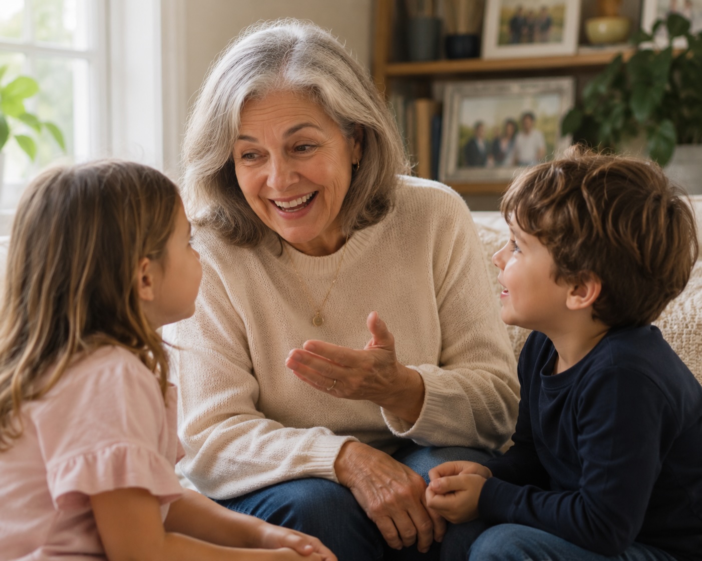 A storyteller at home, mid-conversation